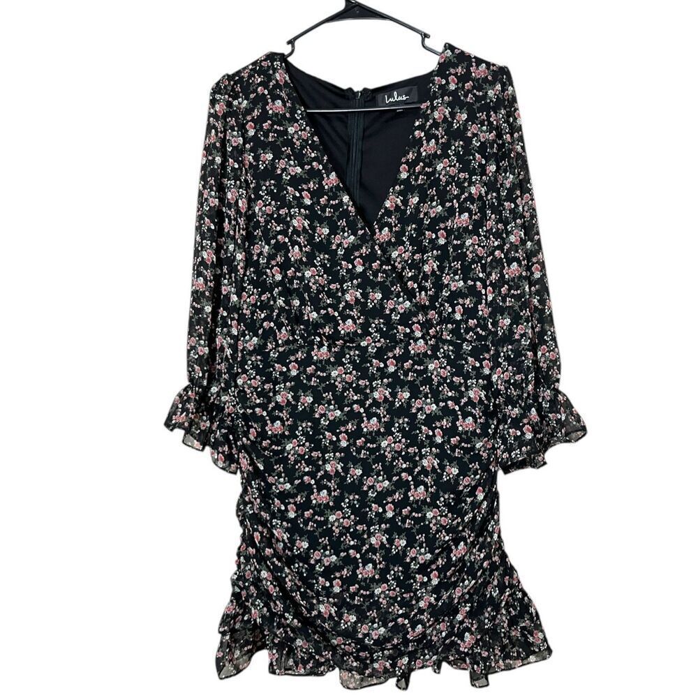 Lulus Estella Black Floral Print Ruched Ruffled Mini Dress Size M